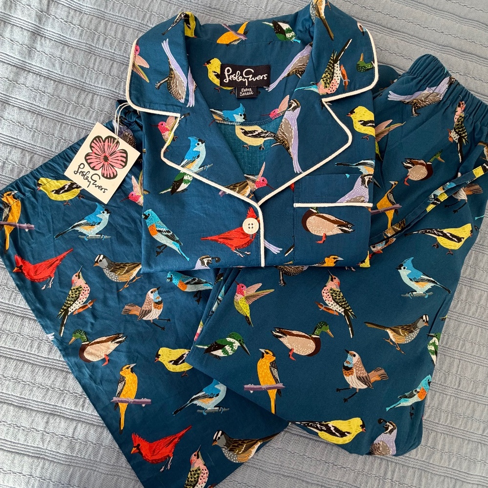 Lesley Evers Josephine Pajama Set, Navy Birds, XS